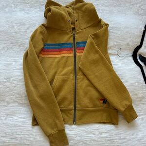 Aviator Nation Mustard Hoodie with Rainbow Stripes
